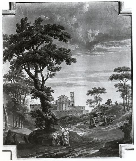 A. Villani e Figli — Martinelli Vincenzo - sec. XVIII/ XIX - Paesaggio con abbazia, carrozze e viandanti — insieme